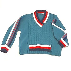 Moncye Luigy Blue v-neck Multicolor knit ribbed euro Ski sweater fits S-M-L